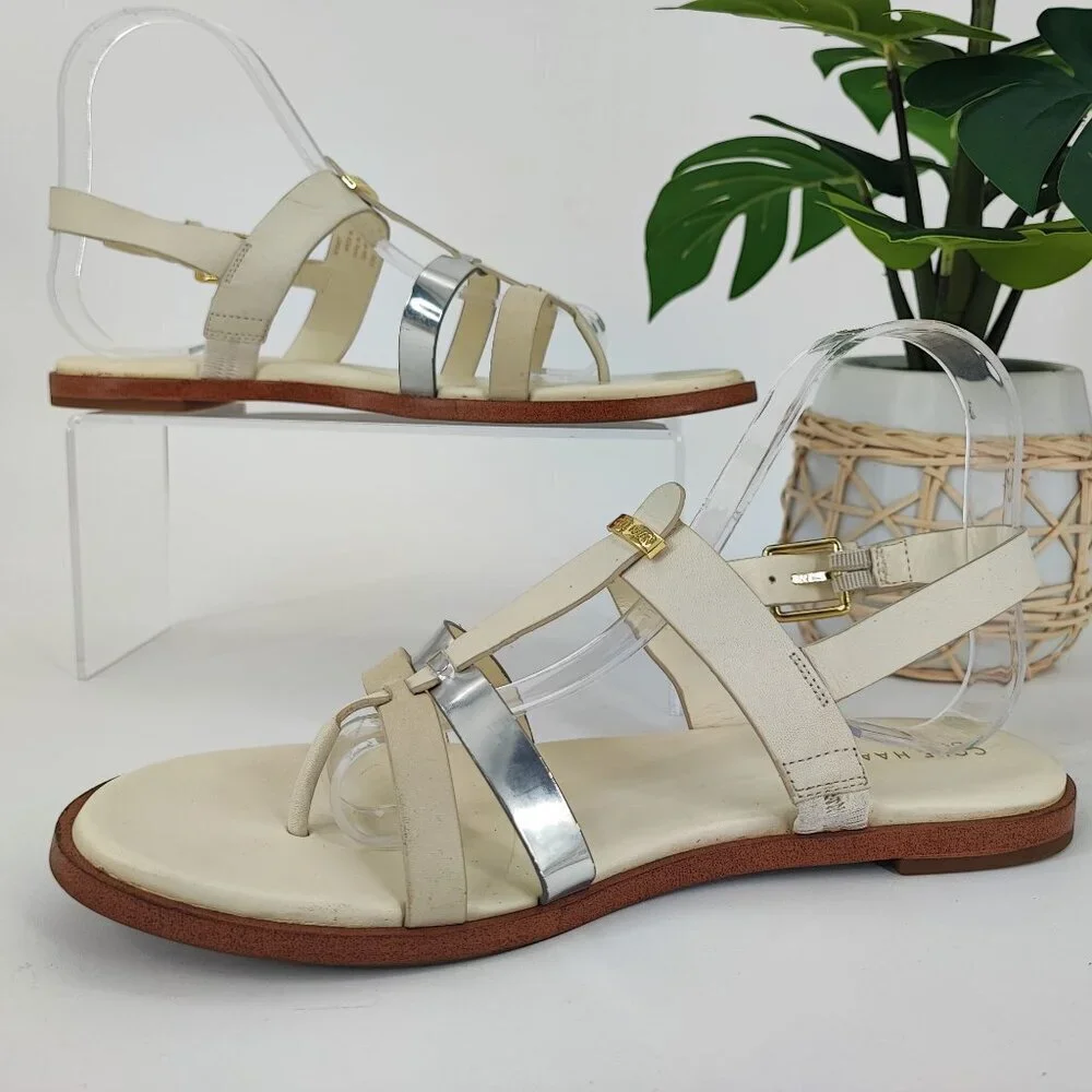 Cole Hann Women's White & Sliver Faux Leather Sandal Size 8.5 B